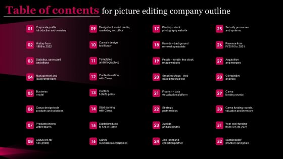 Table Of Contents For Picture Editing Company Outline Sample PDF