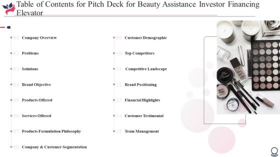 Table Of Contents For Pitch Deck For Beauty Assistance Investor Financing Elevator Ppt Pictures Microsoft PDF Table Of Contents For Pitch Deck For Beauty Assistance Investor Financing Elevator Ppt Pictures Microsoft PDF