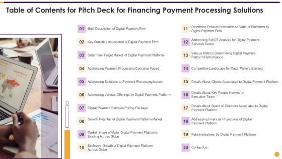 Table Of Contents For Pitch Deck For Financing Payment Graphics PDF