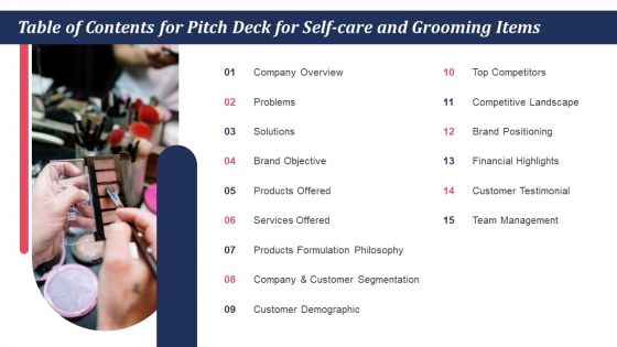 Table Of Contents For Pitch Deck For Self Care And Grooming Items Ppt Summary Example PDF