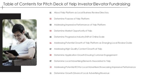 Table Of Contents For Pitch Deck Of Yelp Investor Elevator Fundraising Download PDF