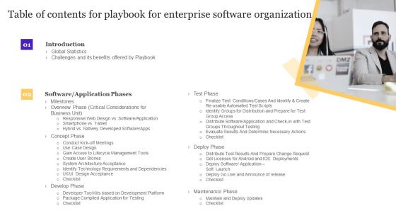 Table Of Contents For Playbook For Enterprise Software Organization Guidelines PDF