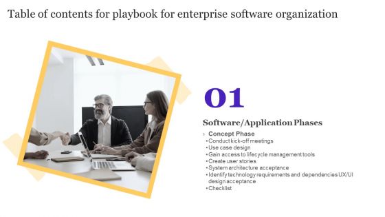 Table Of Contents For Playbook For Enterprise Software Organization Slide Microsoft PDF