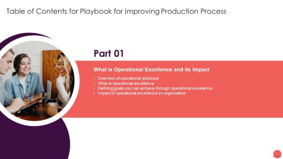 Table Of Contents For Playbook For Improving Production Process Icons PDF