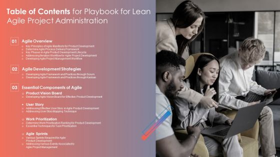 Table Of Contents For Playbook For Lean Agile Project Administration Topics PDF