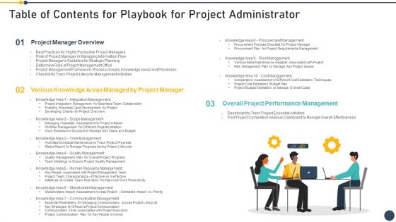 Table Of Contents For Playbook For Project Administrator Summary PDF