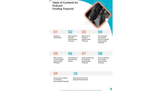 Table Of Contents For Podcast Funding Proposal One Pager Sample Example Document