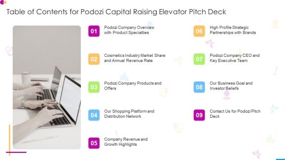 Table Of Contents For Podozi Capital Raising Elevator Pitch Deck Themes PDF