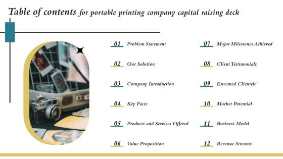 Table Of Contents For Portable Printing Company Capital Raising Deck Demonstration PDF