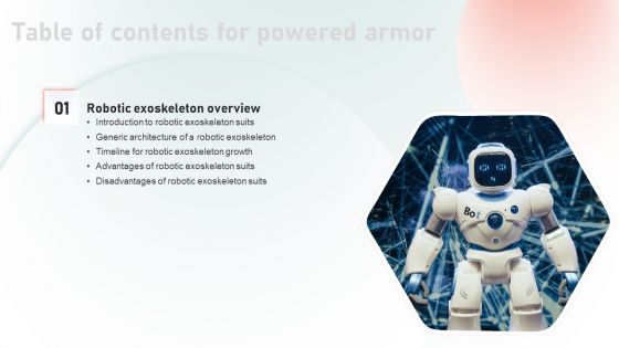 Table Of Contents For Powered Armor Ppt Pictures Layout Ideas PDF