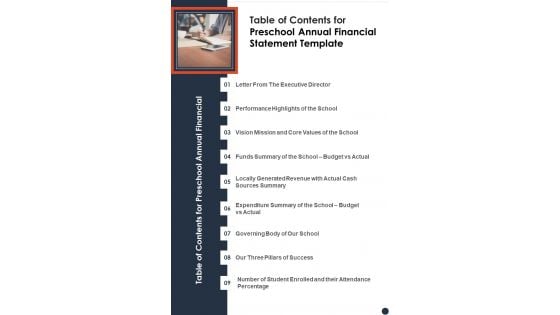 Table Of Contents For Preschool Annual Financial Statement Template One Pager Documents Table Of Contents For Preschool Annual Financial Statement Template One Pager Documents
