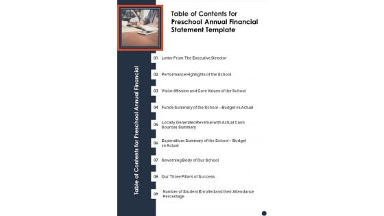 Table Of Contents For Preschool Annual Financial Statement Template One Pager Documents