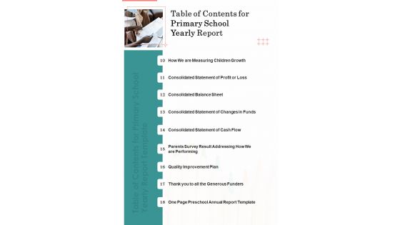 Table Of Contents For Primary School Yearly Report One Pager Documents Table Of Contents For Primary School Yearly Report One Pager Documents