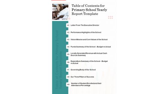 Table Of Contents For Primary School Yearly Report Template One Pager Documents