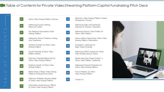 Table Of Contents For Private Video Streaming Platform Capital Fundraising Pitch Deck Introduction PDF