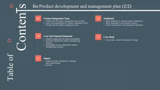 Table Of Contents For Product Development And Management Plan Topics PDF