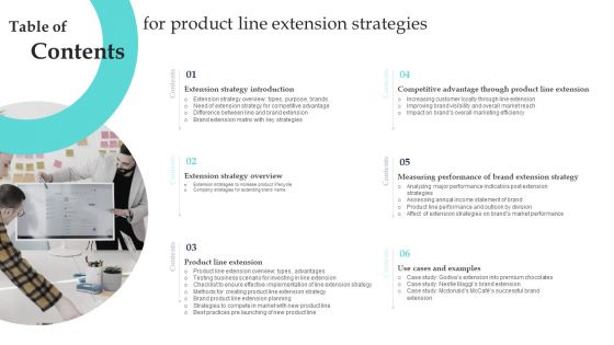 Table Of Contents For Product Line Extension Strategies Ppt Icon Guide PDF