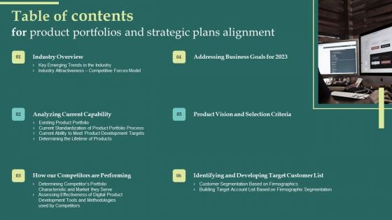 Table Of Contents For Product Portfolios And Strategic Plans Alignment Clipart PDF