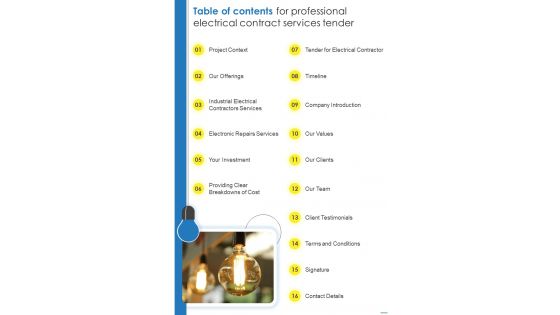Table Of Contents For Professional Electrical Contract Services Tender One Pager Sample Example Document Table Of Contents For Professional Electrical Contract Services Tender One Pager Sample Example Document