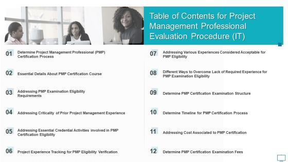 Table Of Contents For Project Management Professional Evaluation Procedure IT Information PDF