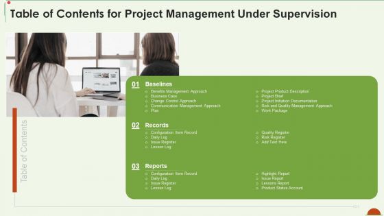 Table Of Contents For Project Management Under Supervision Demonstration PDF