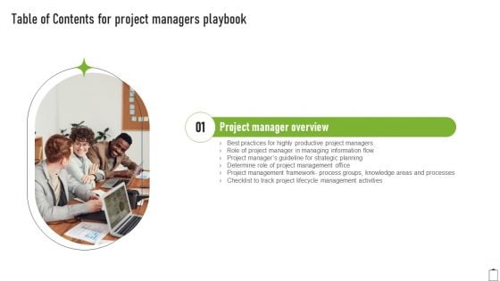 Table Of Contents For Project Managers Playbook Slide Formats PDF