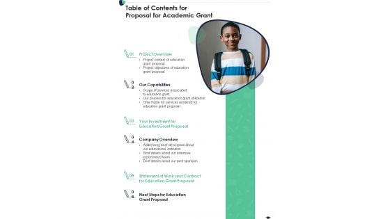 Table Of Contents For Proposal For Academic Grant One Pager Sample Example Document