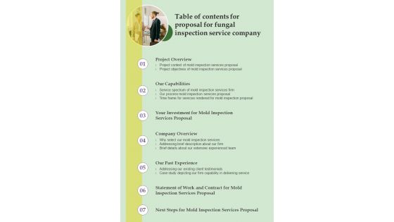 Table Of Contents For Proposal For Fungal Inspection Service Company One Pager Sample Example Document Table Of Contents For Proposal For Fungal Inspection Service Company One Pager Sample Example Document