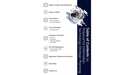 Table Of Contents For Proposal For Information Technology Strategic Planning One Pager Sample Example Document Table Of Contents For Proposal For Information Technology Strategic Planning One Pager Sample Example Document