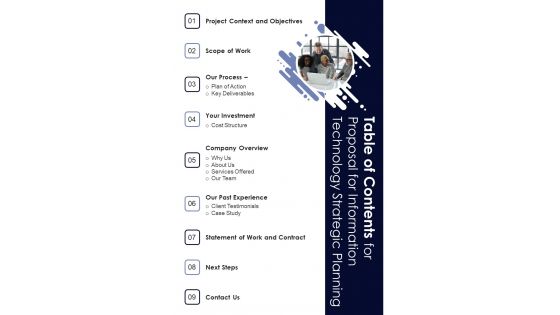 Table Of Contents For Proposal For Information Technology Strategic Planning One Pager Sample Example Document