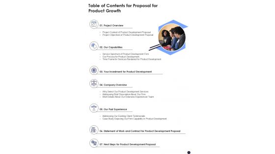 Table Of Contents For Proposal For Product Growth One Pager Sample Example Document