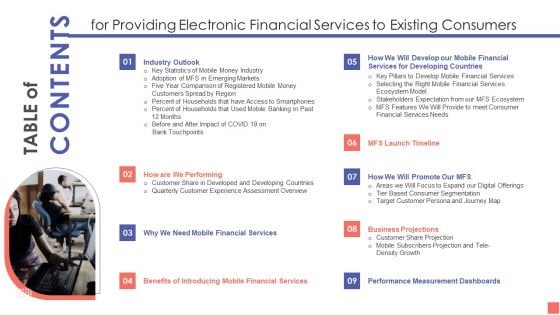 Table Of Contents For Providing Electronic Financial Services To Existing Consumers Ideas PDF