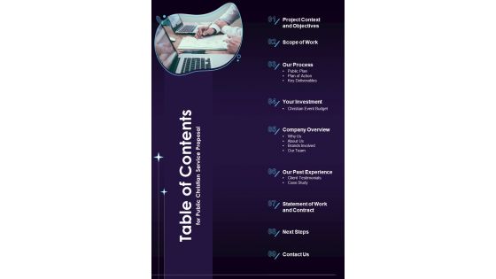 Table Of Contents For Public Christian Service Proposal One Pager Sample Example Document Table Of Contents For Public Christian Service Proposal One Pager Sample Example Document