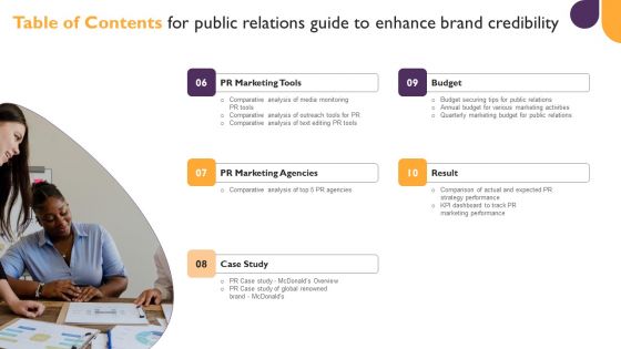 Table Of Contents For Public Relations Guide To Enhance Brand Credibility Brochure PDF
