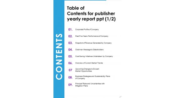 Table Of Contents For Publisher Yearly Report Ppt One Pager Documents