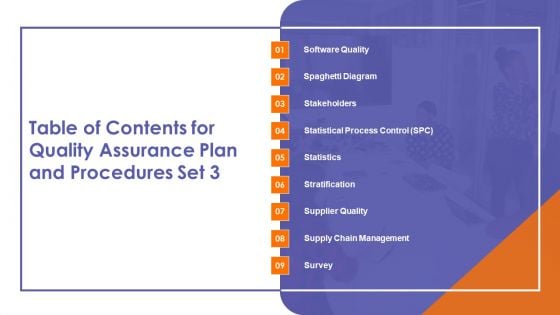 Table Of Contents For Quality Assurance Plan And Procedures Set 3 Slide Diagrams PDF