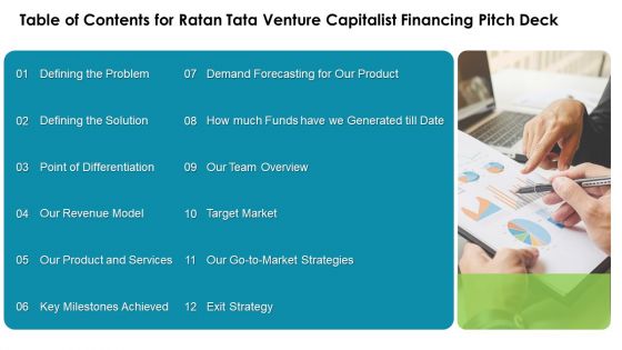 Table Of Contents For Ratan Tata Venture Capitalist Financing Pitch Deck Ppt Icon Show PDF