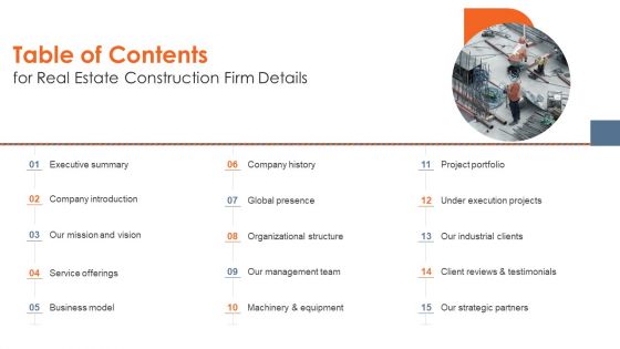 Table Of Contents For Real Estate Construction Firm Details Demonstration PDF