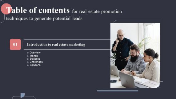 Table Of Contents For Real Estate Promotion Techniques To Generate Potential Leads Slides PDF