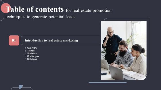Table Of Contents For Real Estate Promotion Techniques To Generate Potential Leads Slides PDF Table Of Contents For Real Estate Promotion Techniques To Generate Potential Leads Slides PDF