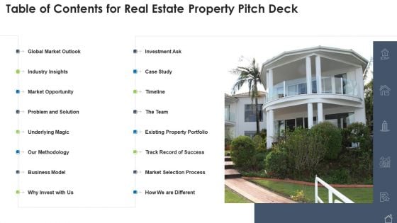 Table Of Contents For Real Estate Property Pitch Deck Ppt Pictures Clipart PDF