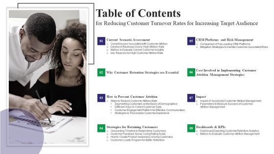 Table Of Contents For Reducing Customer Turnover Rates For Increasing Target Audience Themes PDF