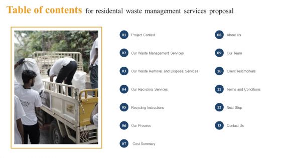 Table Of Contents For Residental Waste Management Services Proposal Elements PDF