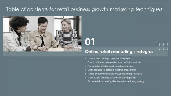 Table Of Contents For Retail Business Growth Marketing Techniques Online Key Sample PDF