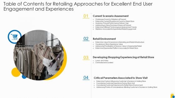 Table Of Contents For Retailing Approaches For Excellent End User Engagement And Experiences Ideas PDF