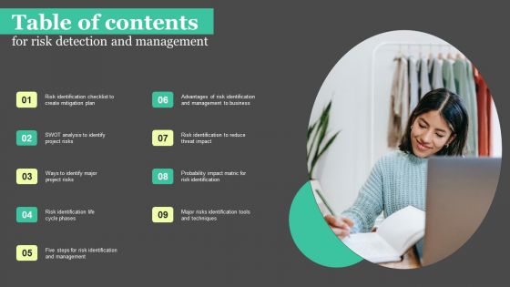 Table Of Contents For Risk Detection And Management Graphics PDF