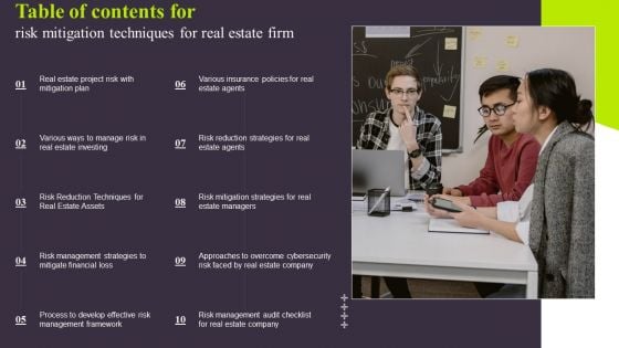 Table Of Contents For Risk Mitigation Techniques For Real Estate Firm Summary PDF Table Of Contents For Risk Mitigation Techniques For Real Estate Firm Summary PDF
