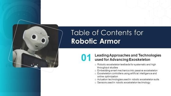 Table Of Contents For Robotic Armor IT Ppt PowerPoint Presentation Gallery Examples PDF