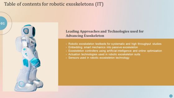 Table Of Contents For Robotic Exoskeletons IT Slide Summary PDF
