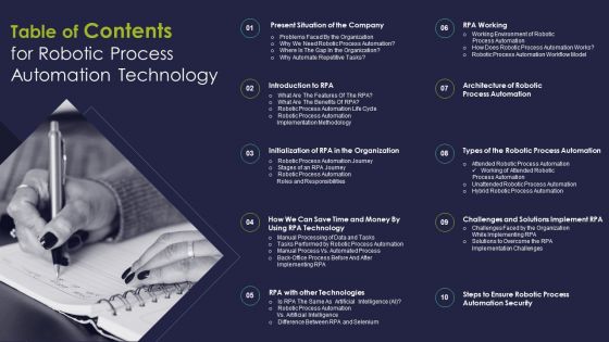 Table Of Contents For Robotic Process Automation Technology Download PDF